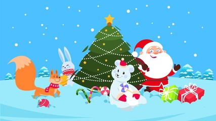 Christmas background. Funny snow animals, christmas tree, Santa cartoon characters. Polar bear, fox, rabbit and sweets. Winter card, xmas tree and present illustration