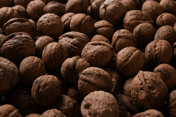 Background of fresh walnuts a lot of relief, closed, in a shell (background, pattern) from a close distance with full frame, copy space and place for text