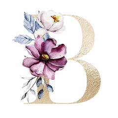 Letter b with watercolor flowers and leaves. Gold floral alphabet, monogram initials perfectly for wedding invitation, birthday, greeting card, logo and other design. Holiday design hand painting.