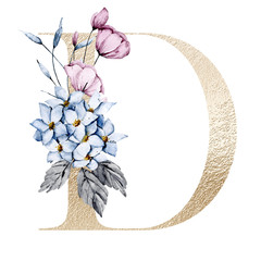 Letter d with watercolor flowers and leaves. Gold floral alphabet, monogram initials perfectly for...