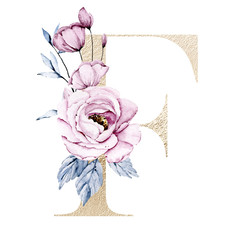 Letter f with watercolor flowers and leaves. Gold floral alphabet, monogram initials perfectly for...