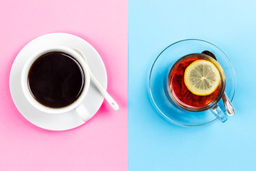 cup of tea with lemon and a cup of coffee on a wooden surface, the choice between coffee and tea	