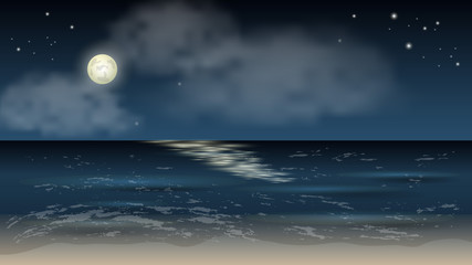 Fototapeta na wymiar Nighr sea landscape background. Waves, moon, stars and cluods. For cartoon or game scene or wallpapers. Vector illustration