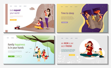 Set of web page design templates for happy family, love, happiness, parenthood, childhood, holidays, values, serenity, outdoor, nature. Perfect for in posters, banners, website developments.