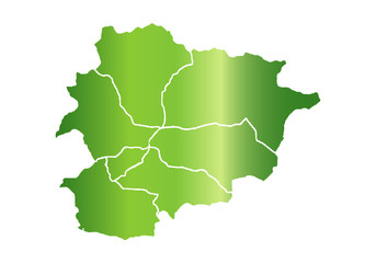 Mapa verde de Andorra sobre fondo blanco.