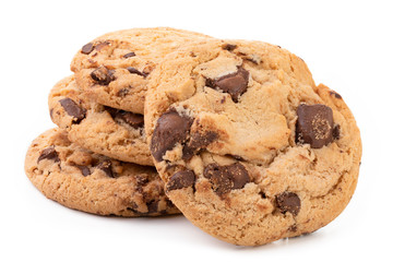 Chocolate chip cookies isolated on white background.