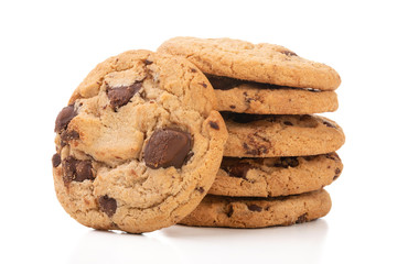 Chocolate chip cookies isolated on white background with shadow.