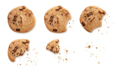 Steps of chocolate chip cookie being devoured and shadow with clipping path.