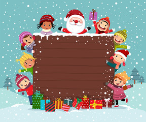 Merry Christmas Backgroud wooden board with group of kids and Santa Claus in snow day.
