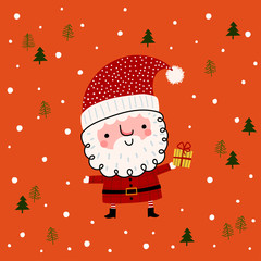 Vector illustration cartoon of cute Santa Claus character with Christmas gift in hand on orange background.