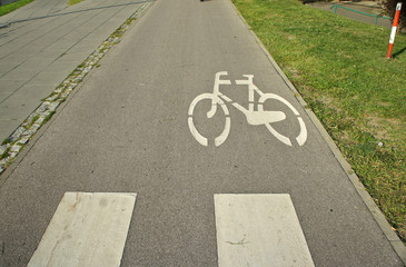 Obraz premium Bicycle pictogram, road marking, bicycle track. City.
