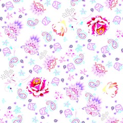 Delicate seamless pattern with paisley, flowers , leaves and little berries isolated on white background. Print for fabric, wallpaper.