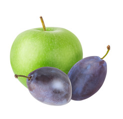 Green apple with plum isolated on white background with clipping path