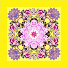 Beautiful tablecloth, napkin, bandana or carpet with mandala, paisley, luxury bunches of garden flowers on lemon yellow background.