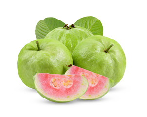 red guava fruit with leaf isolated on white background.