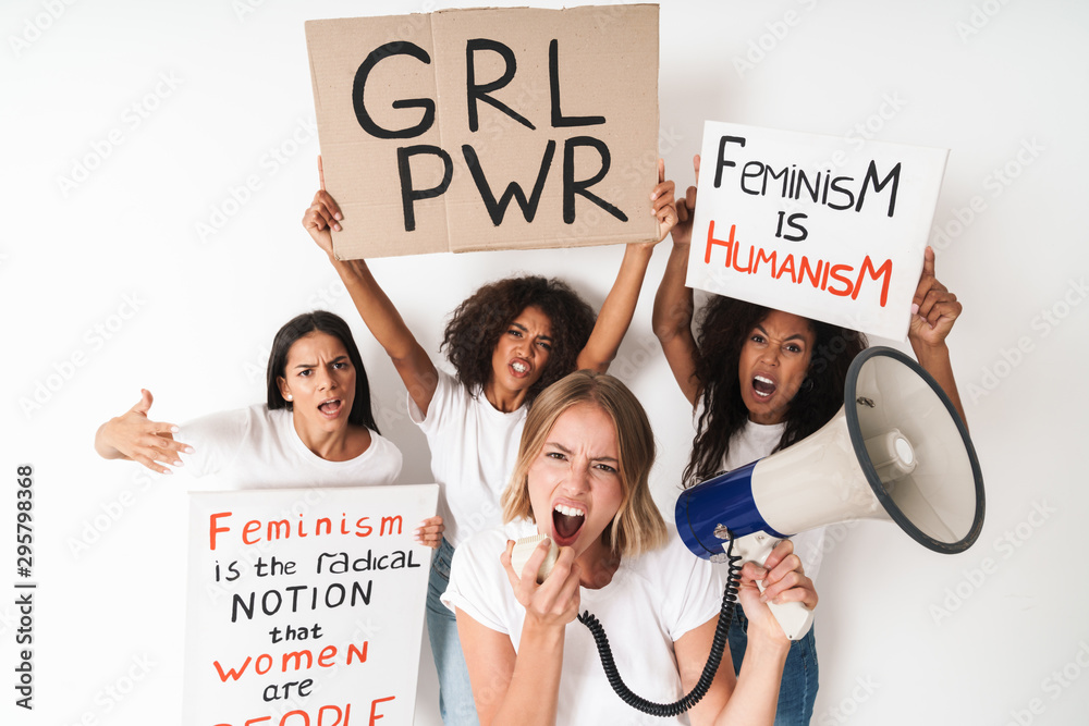 Poster displeased young women holding blank with girl power