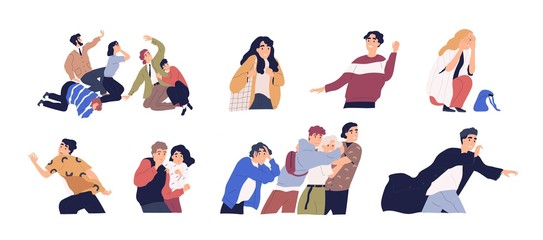 Frightened people flat vector illustrations set. Panic attack, business crisis, anxiety and phobia concept. Trouble emotional reaction, psychology. Terrified young men and women under stress.