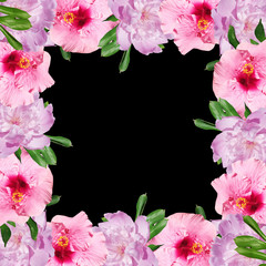 Beautiful floral background of peonies and hibiscus. Isolated