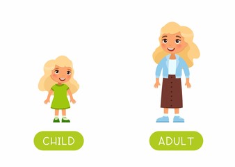 Foreign language educational flash card vector template. Word card for english learning. Opposites, age concept, adult and child. Grown up woman and little girl flat illustration with typography