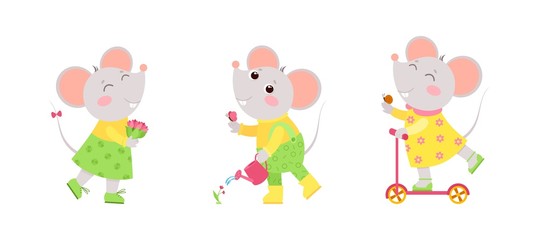 Obraz na płótnie Canvas Little mouse holding flowers bouquet, rides a scooter, watering a flower. Spring holiday postcard, greeting card design. Flat vector characters illustration set.