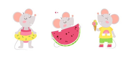 Fototapeta na wymiar Little mice summer characters. Summer holiday postcard, greeting card design. Flat vector characters illustration set.