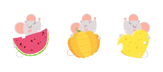 Little mice hugging cheese heart, watermelon and pumpkin. Chinese calendar zodiac sign illustration. Rodent poster, horizontal postcard design .