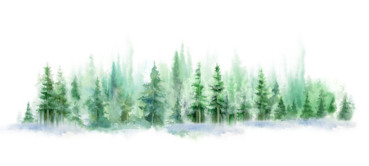 Green landscape of foggy forest, winter hill. Wild nature, frozen, misty, taiga. watercolor background - 295799783