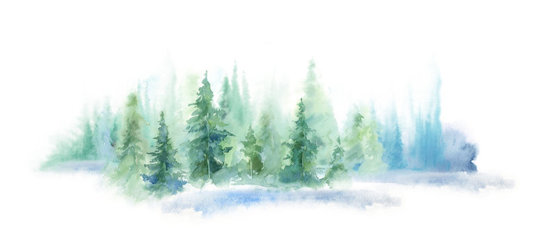 Green landscape of foggy forest, winter hill. Wild nature, frozen, misty, taiga. watercolor background © Leyasw