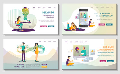 Set of Web pages for Online courses and trainings, Webinar, Distance education, E-learning, Knowledge, Mobile learning App. Vector illustration for poster, banner, presentation and website.