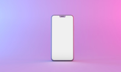 Smartphone mockup with blank white screen with neon lighting. 3D Render