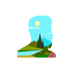 Double exposure. Faces of a bearded man in profile with a hairstyle and landscapes of nature. Vector illustration