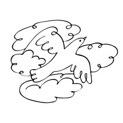 One single line drawing of a wild bird flying among the clouds.Cute bird mascot concept. Continuous line draw. Modern art line, design for any purposes. Peace vector illustration. Nature logo.