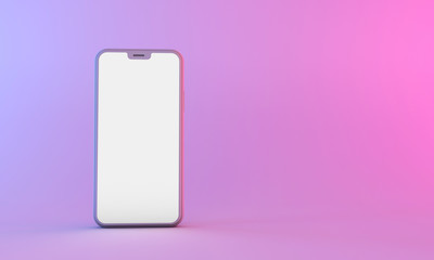 Smartphone mockup with blank white screen with neon lighting. 3D Render