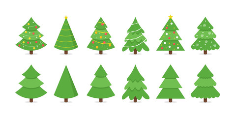 Set of Christmas trees. Happy new year, xmas decorations. Garlands, snowflakes, light bulb, star. Winter holidays. Vector ilustration.