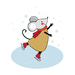 Cute cartoon mouse skating on ice. Mouse engaged in winter sports. Funny animal playing in winter. Figure skating. Hand drawn vector illustration. Scandinavian