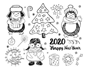 Set of Christmas and new year items and characters. Cute cartoon penguins, Christmas tree, garland, stars, gift, Christmas ball. Lettering happy new year. 2020. Hand-drawn . art line.