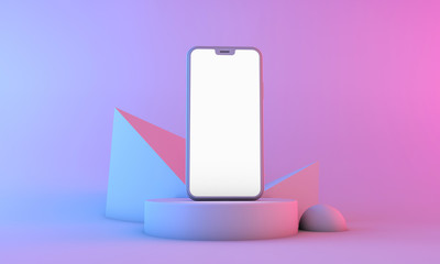 Smartphone mockup with blank white screen with neon lighting. 3D Render