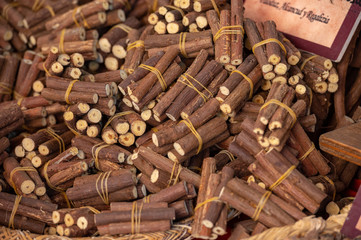 Alcalá de henares, Madrid / Spain. 10.13.2019. Sale of Licorice Root in street market.