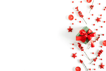 Christmas holiday composition. Xmas decorations on white background. Christmas, New Year, winter concept. Flat lay, top view, copy space