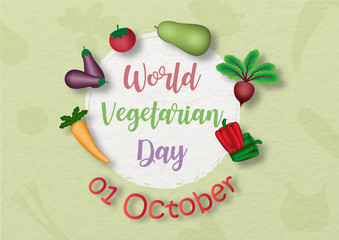 Variety of vegetables with the day and name of event on white circle and light green with paper pattern background. Card and poster of "World Vegetarian Day" campaign in vector design.