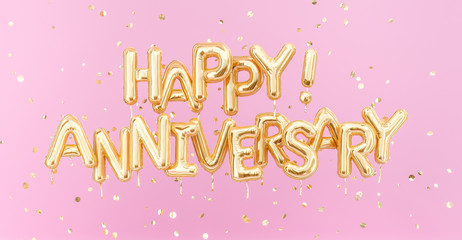 Happy Anniversary gold and pink banner. Golden foil balloons letters jubilee greeting poster, 3d rendering.