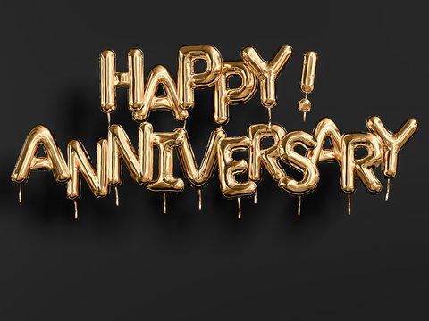 Happy Anniversary gold and black banner. Golden foil balloons letters jubilee greeting poster, 3d rendering.