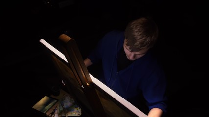 Artist copyist paint seascape with ship in ocean. Craftsman decorator draw as boat sail on blue sea...