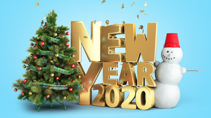 new year 2020 Christmas tree background 3d render on blue gradient