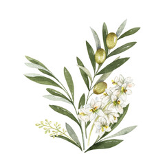 Watercolor vector bouquet of olive branches and flowers.
