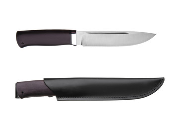 Hunting knife with wooden handle and leather case isolated on white background. A reliable knife for hunting self-defense.