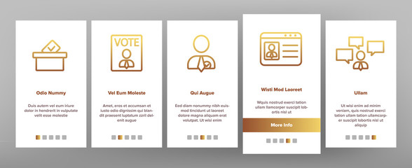 Elections Onboarding Mobile App Page Screen Vector Icons Set Thin Line. Candidate And President, Newspaper And Tablet, Building And Elections Graph Concept Linear Pictograms. Contour Illustrations