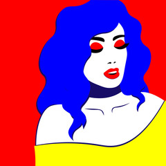 Young woman model in profile in pop art style. Sexy girl for advertising with bright hair