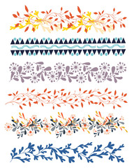 Set of autumn patterns of flowers and leaves on a white background. Natural ornament. Eastern European traditional embroidery.