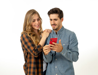 Young couple reading online travel guide book or blog searching for main landmarks